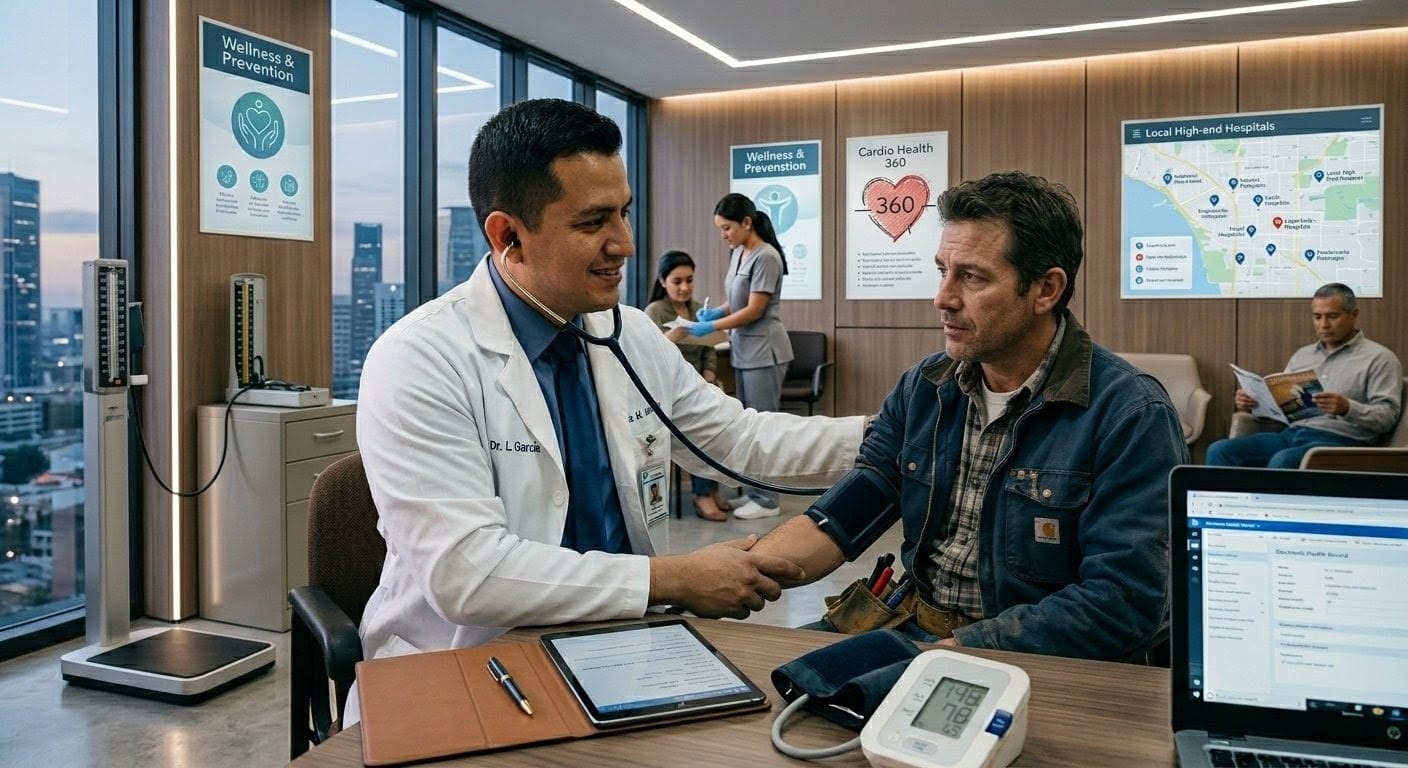 Médico en consulta con paciente en clínica moderna, con tensiómetro y equipo de registro