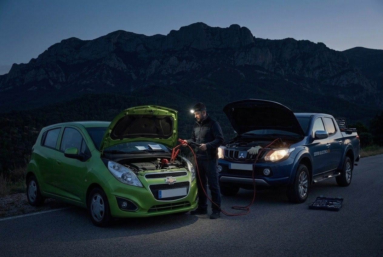 Técnico realizando paso de corriente entre dos vehículos en carretera al anochecer, con cables de puente y linterna